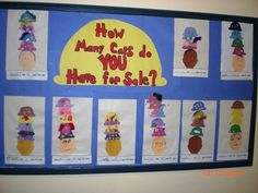 a bulletin board with many hats on it that says how many cups do you have for sale?