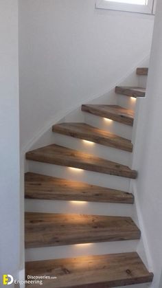 some wooden stairs with lights on them