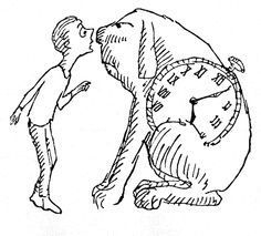 a drawing of a man standing next to an alarm clock with his hand on the face