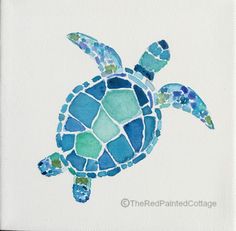 a painting of a sea turtle with blue and green colors on it's shell