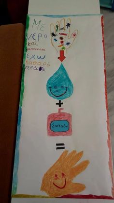 a child's drawing of a water bottle and handprints on paper with writing