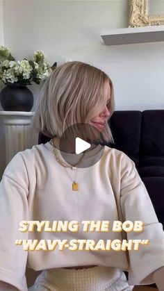 Chandler DeHart on Instagram: "How I style the bob on a daily basis 🫶🏼 the curling iron is 1.5” and it’s perfect for making that wavy-straight style🥰" Curtain Bangs On Bob Hair, Very Short Wavy Bob, How To Style Short Blonde Bob, Blonde Bob For Fine Hair, Banged Bob, 1 Inch Vs 1.25 Inch Curls, How To Curl Bob Hair With Straightener, Curl Bob With Straightener, Easy Bob Hairstyles Tutorials