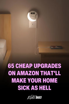 a room with a bed, desk and lamp on it that says 65 cheap upgrades on amazon that'll make your home sick as hell