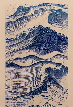 a blue and white drawing of waves in the ocean