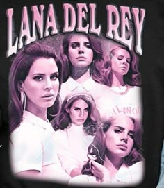 a woman wearing a black shirt with the words lana del rey on it's back