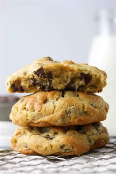 chocolate chip cookies stacked on top of each other