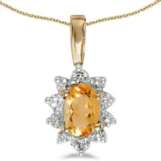 This 14k yellow gold oval citrine and diamond pendant features a 6x4 mm genuine natural citrine with a 0.31 ct total weight. 30 day satisfaction guarantee! This item ships in a beautiful deluxe gift box, free of charge! Pink Topaz Earrings, Chain Clothing, November Birthstone Jewelry, Pink Topaz Ring, Rhodolite Garnet Ring, Mystic Topaz Earrings, Mystic Topaz Ring, Diamond Cluster Earrings, Peridot Earrings