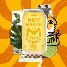 an illustration of a can of marmalade on a yellow background with green leaves