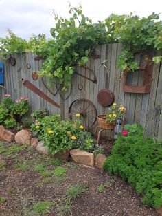 an outdoor garden area with various plants and gardening tools hanging on the side of a fence