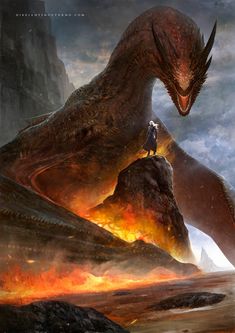 an image of a dragon on top of a mountain with fire coming out of it