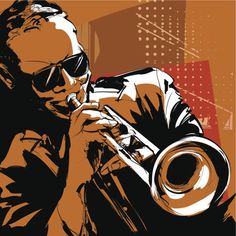 a man with sunglasses playing a trumpet on an orange and red background that has squares in it