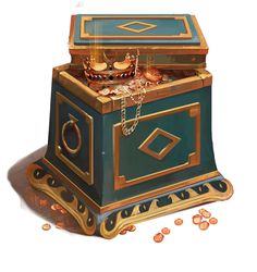 the chest is filled with gold coins and has a chain hanging from it's top