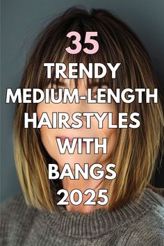 A woman with medium-length hair featuring trendy bangs styled in a sleek straight look.