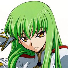 an anime character with green hair and yellow eyes