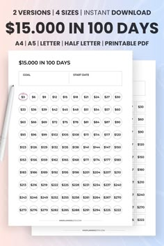 the printable $ 15, 000 in 100 days coup sheet is shown next to a pen