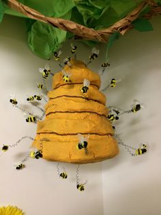 a bunch of bees that are around a yellow cake