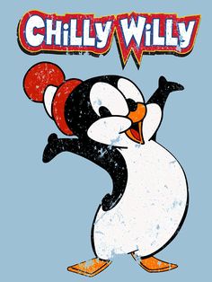 a cartoon penguin wearing a santa hat and holding onto a sign that says chilly wildly