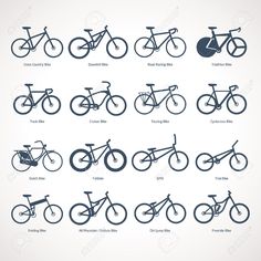 the different types of bicycles are shown in black and white, as well as an image of