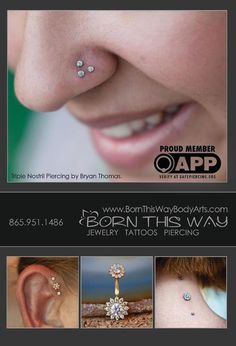 an advertisement for a jewelry store with piercings on her nose and behind the ear