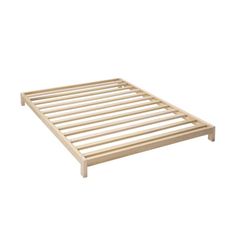 a wooden bed frame with no headboard and slatted rails on the bottom