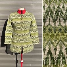 a green and white knitted coat on a mannequin next to a pattern