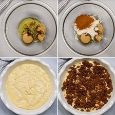 four pictures show different stages of making pies in individual pans, including dough and flour