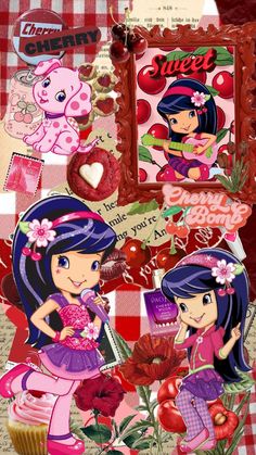 a collage of cartoon characters with hearts, flowers and other things in the background