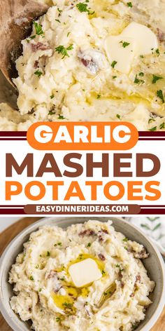 garlic mashed potatoes in a bowl with butter and parsley