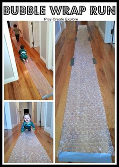 two pictures of a baby crawling on the floor