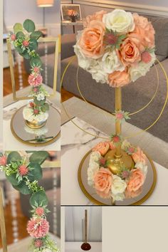 four different pictures of flowers in vases on top of each other, including roses and greenery