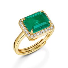 Fervor Montreal Envy- Queen Emerald Ring Timeless Green Open Ring Emerald, Timeless Green Emerald Open Ring, Emerald Halo Ring In Yellow Gold, Luxury Emerald Gemstone Halo Ring, Timeless Emerald Gemstone Rings, Luxury Emerald Halo Ring With Gemstone, Vvs Clarity Emerald Rings In Fine Jewelry Style, Elegant Green Emerald Ring With Vs Clarity, Luxury Emerald Birthstone Ring For Promise