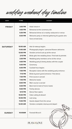 the wedding weekend schedule is shown in black and white