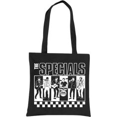 A black tote bag in black with The Specials "BW" graphic printed on the front. Graphic Print Tote Bag For Streetwear, Black Cotton Bag For Streetwear, Black Rectangular Canvas Bag With Graphic Print, Black Shoulder Bag With Graphic Print For Daily Use, Black Graphic Print Shoulder Bag For Daily Use, Daily Use Black Shoulder Bag With Graphic Print, Black Bags With Graphic Print For Streetwear, Black Shoulder Bag With Graphic Print For Shopping, Black Graphic Print Bags For Streetwear