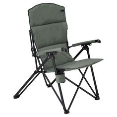 a green folding chair with black legs and arm rests on an isolated white background,