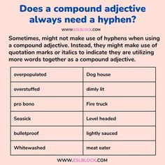 a table with words and pictures on it that say, does compound adjective always need