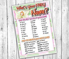 a pink and green fairy name poster on a wooden background with the words, what's your fairy name?