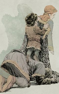 an illustration of two women sitting on the ground