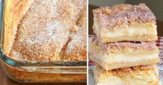 three different types of desserts in pans and one with powdered sugar on top