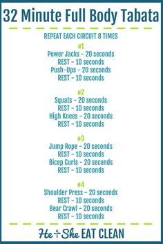 the 32 - minute full body tabata is shown in blue and white, with instructions for