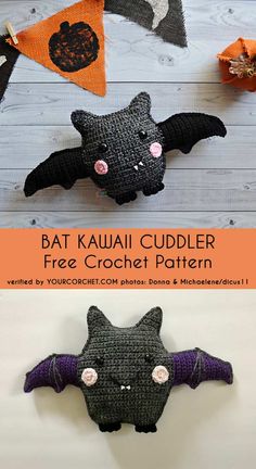 two crocheted bats are hanging on the wall and one is made out of yarn