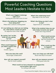 two people sitting at a table talking to each other with the text powerful coaching questions most leaders