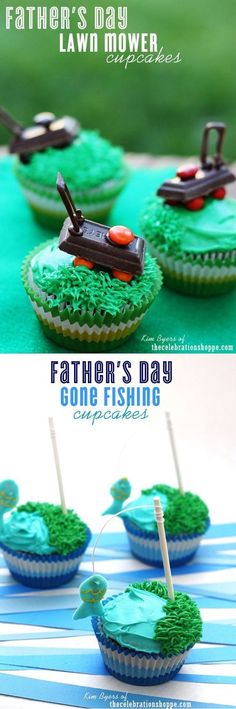 father's day cupcakes with green frosting and lawn mower decorations