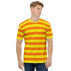 Get ready to embrace the vibrant colors of summer with this Men's Orange and Yellow Striped T-shirt! Designed specifically for those who adore the cheerful hues of orange and yellow, this spring t-shirt is here to bring the summer vibes right into your wardrobe. Whether you're heading to a beach party or simply want to brighten up your day, this shirt is the perfect choice to keep your style game on point. Colors Of Summer, Spring T Shirts, Beach Parties, Bold Stripes, Striped T Shirt, Orange And Yellow, Yellow Stripes, Shrek, Feeling Great