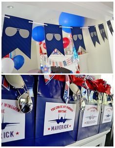 patriotic party decorations with balloons and streamers on the ceiling for an airplane themed birthday party