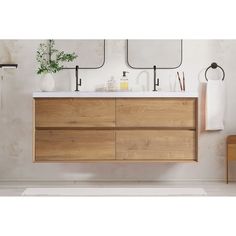 a bathroom vanity with two mirrors above it and a plant on the counter next to it