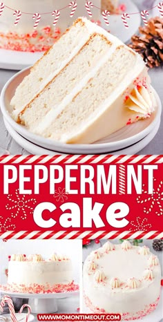 there is a cake with white frosting on it and the words peppermint cake