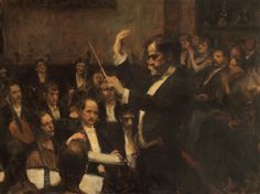 an oil painting of a conductor and orchestra