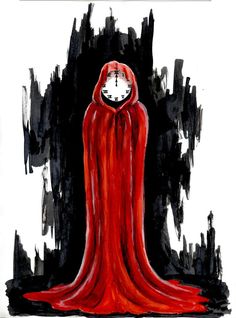 a drawing of a woman in a red cloak with a clock