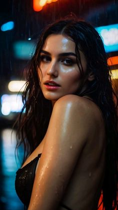 a woman with wet hair standing in the rain