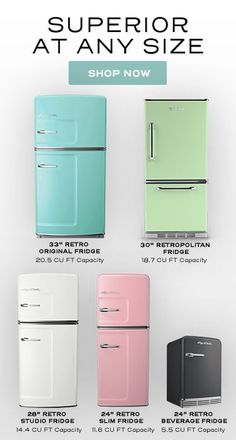 four refrigerators are shown in different colors and sizes with the price tag below them